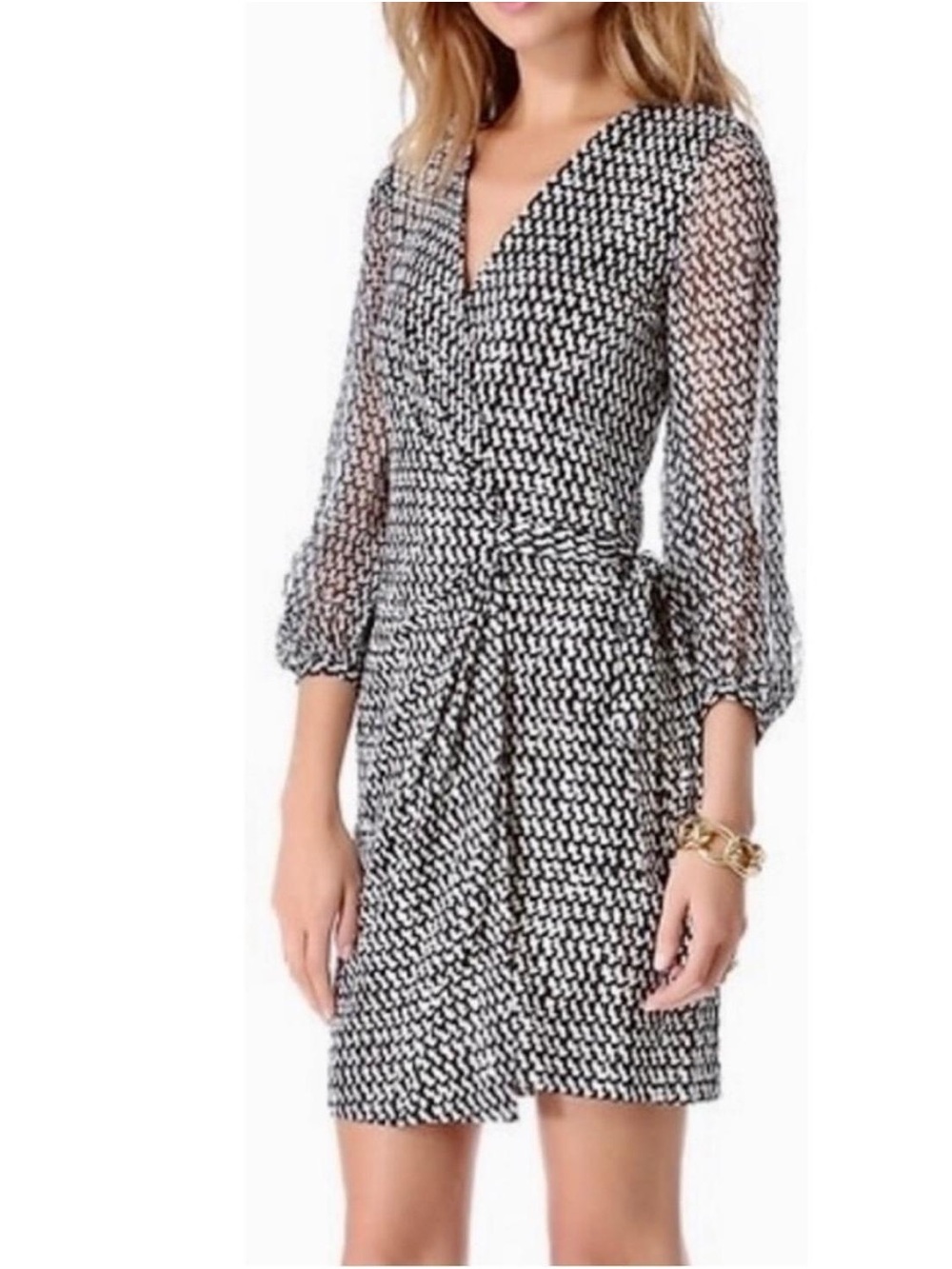 Diane Von Furstenberg Black & White Printed Wrap Mini Dress